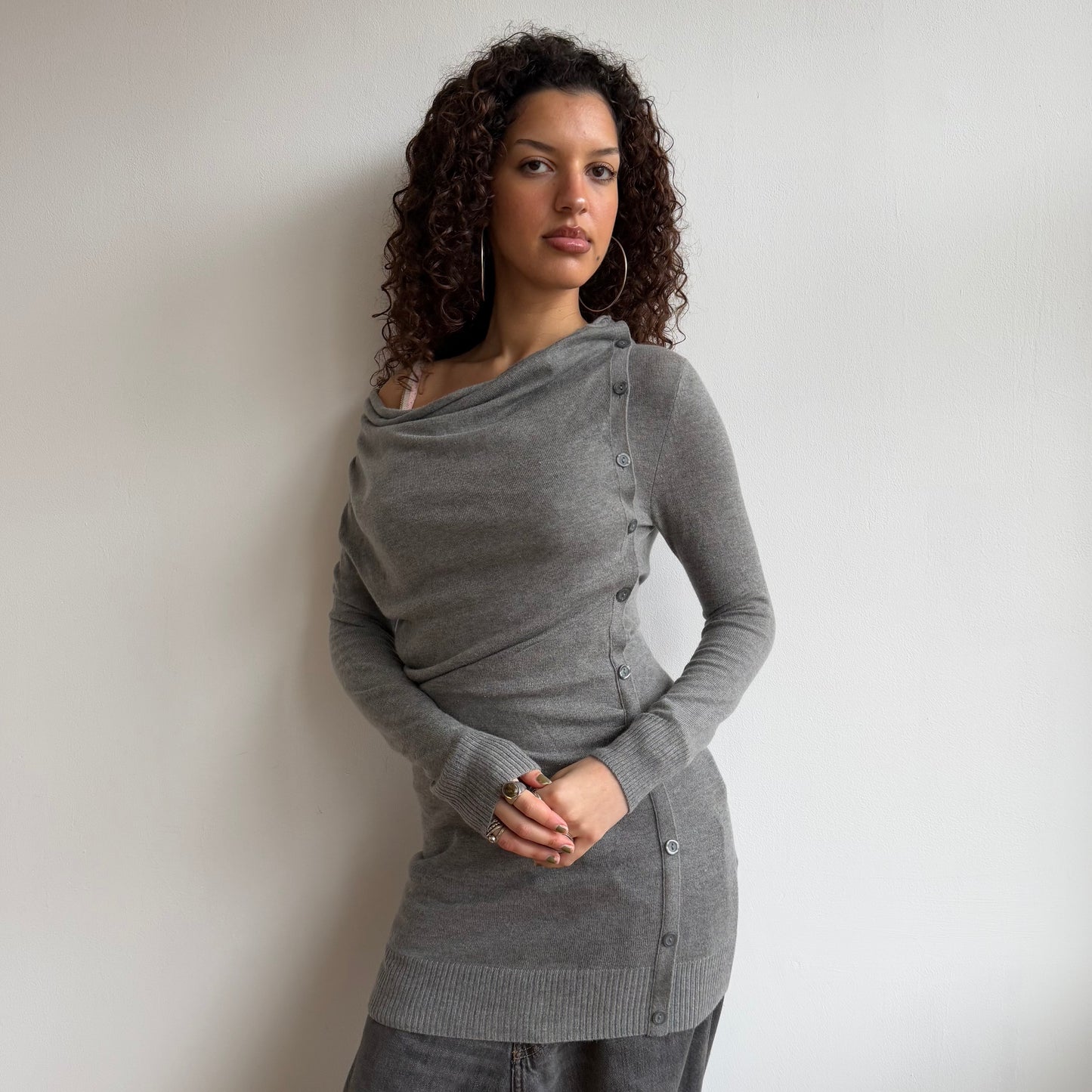 Grey knit button jumper dress - Size S
