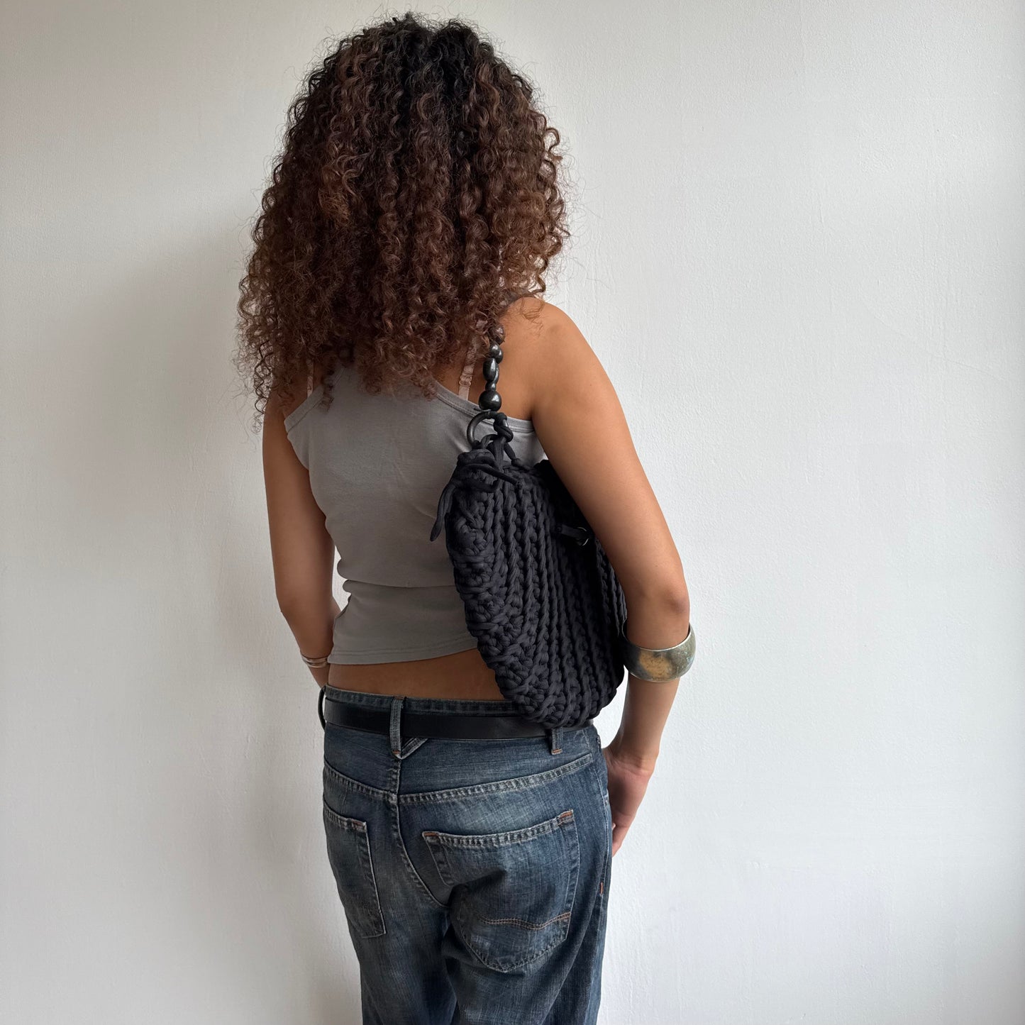 Black macrame hobo bag