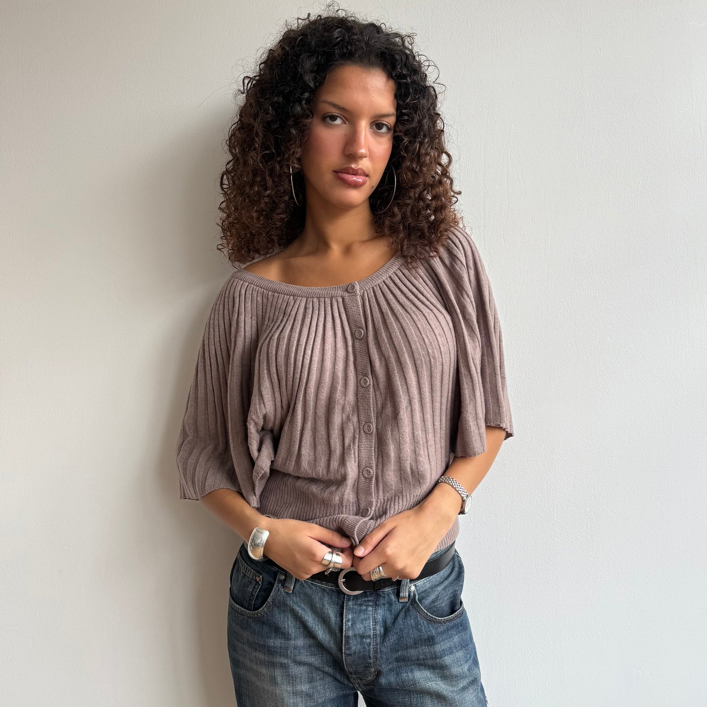 Taupe button batwing knit - Size M