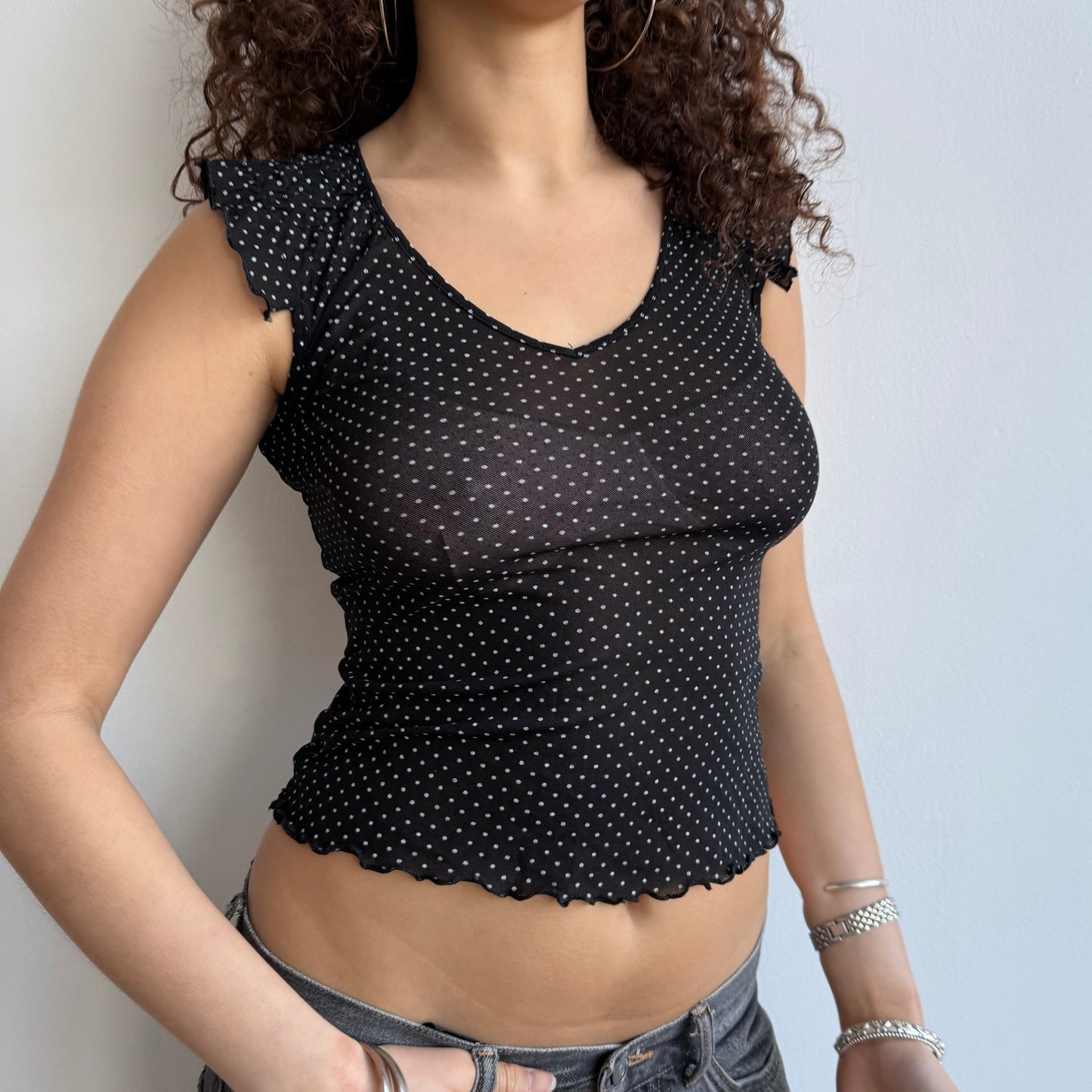 Black mesh polka dot top - Size XS