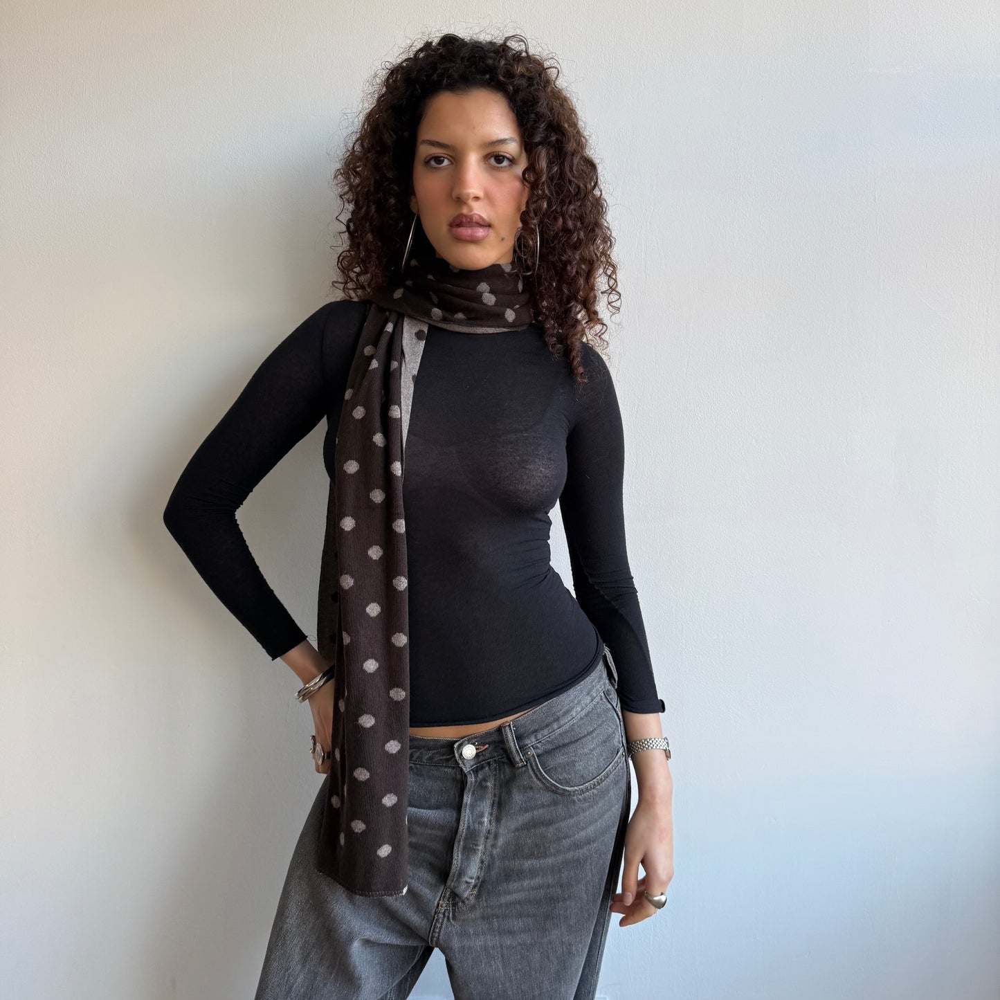 Brown polka dot reversible scarf