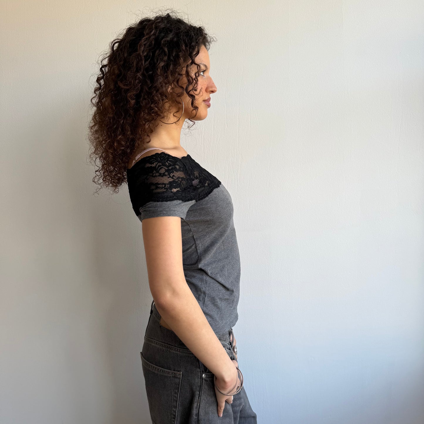 Grey lace Bardot top - Size S