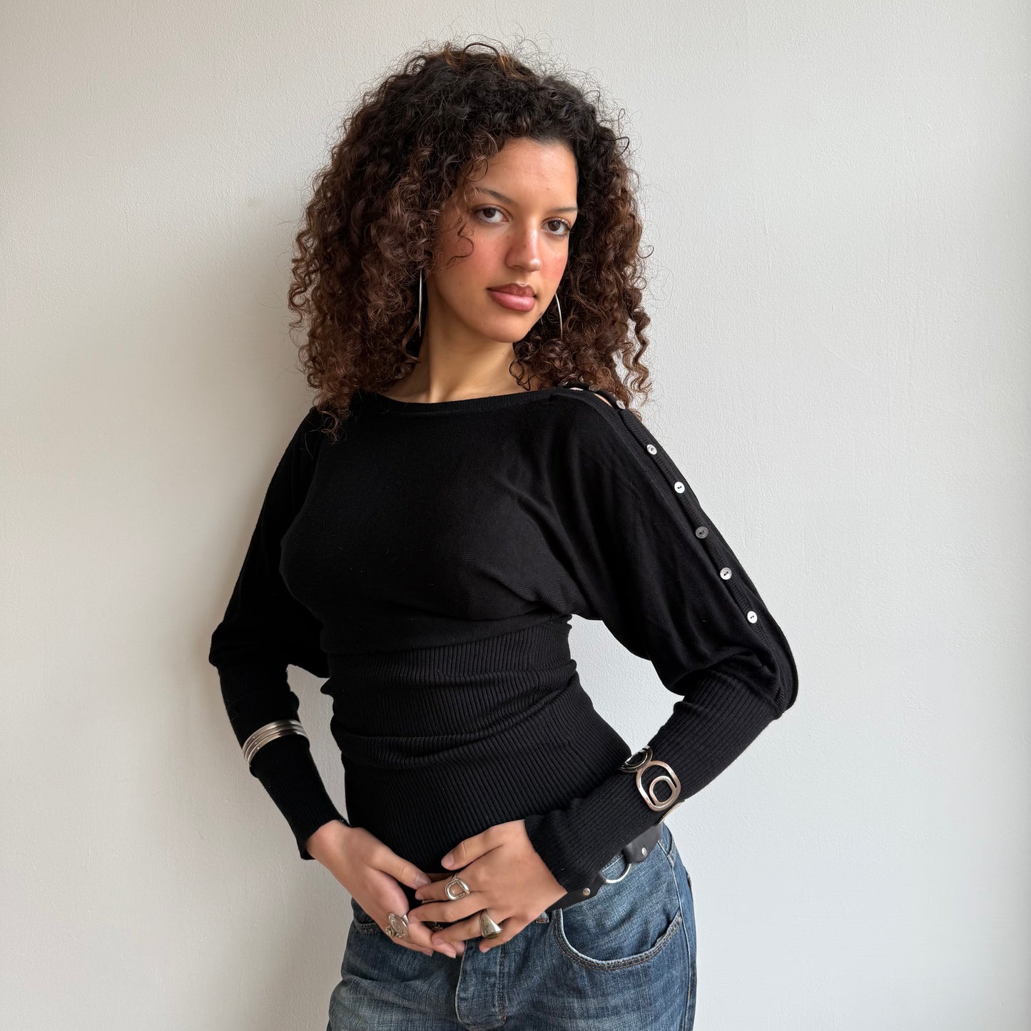 Black slouchy button arm knit - Size S