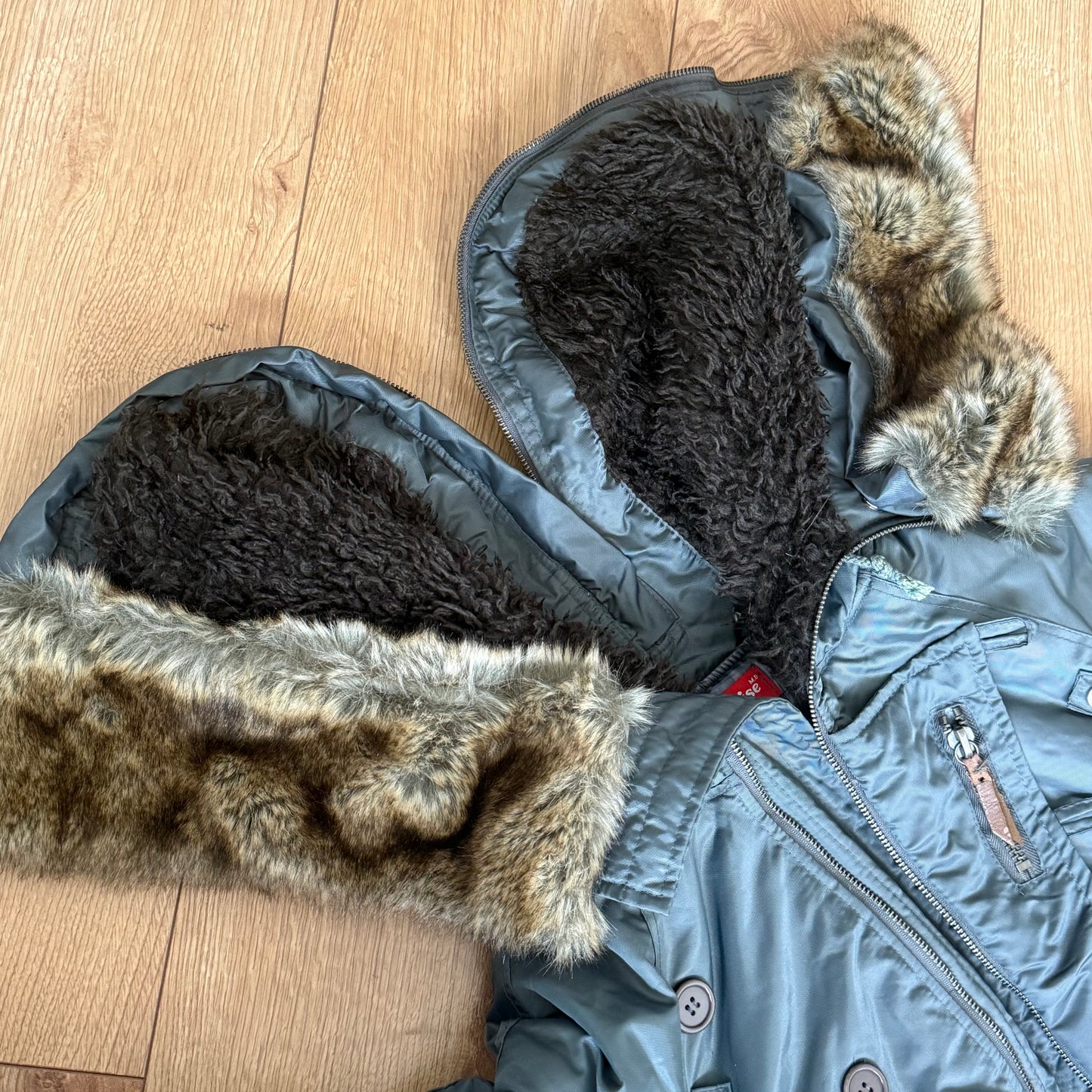 Petrol blue faux fur hooded bomber - Size M