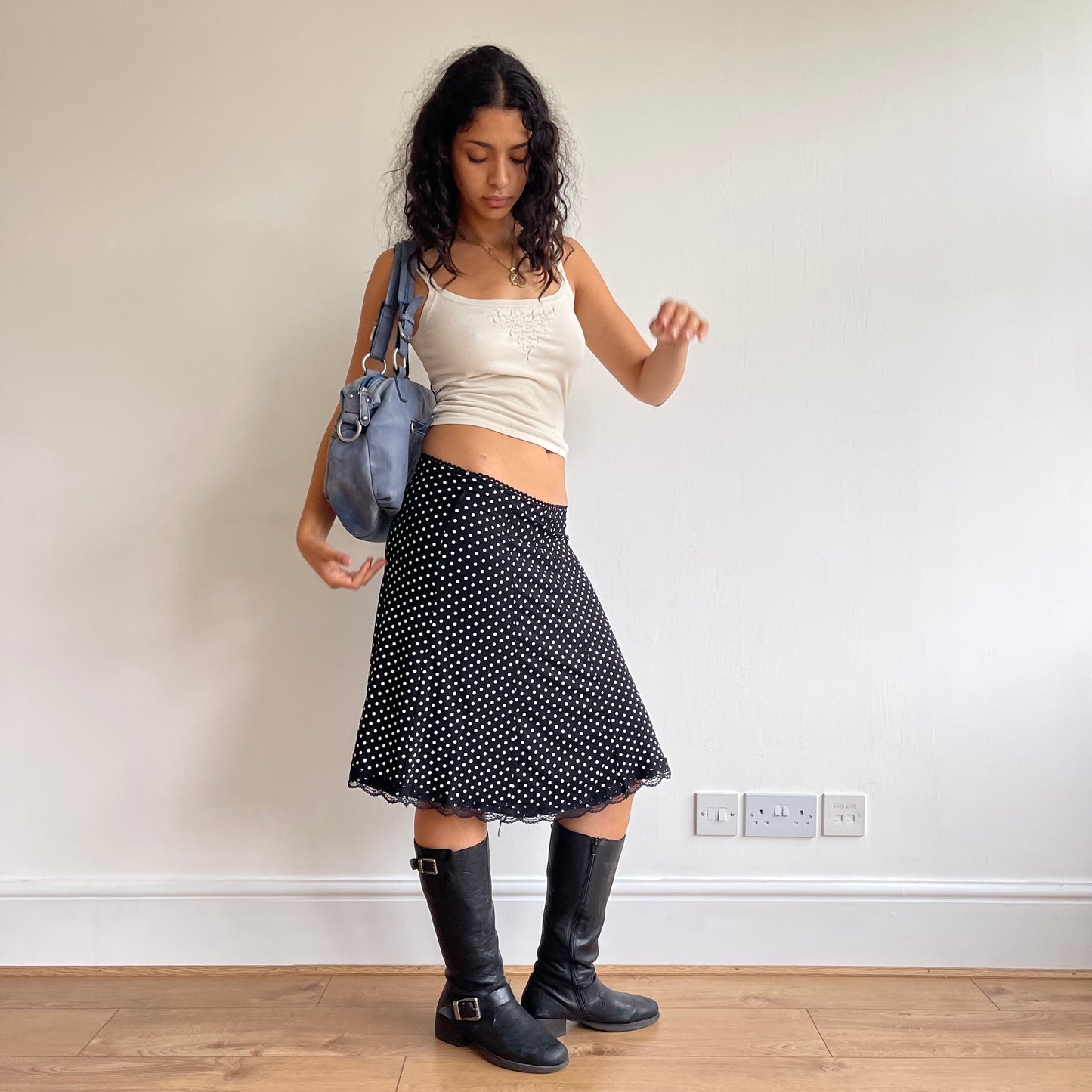 Black polka dot lace midi skirt - Size S