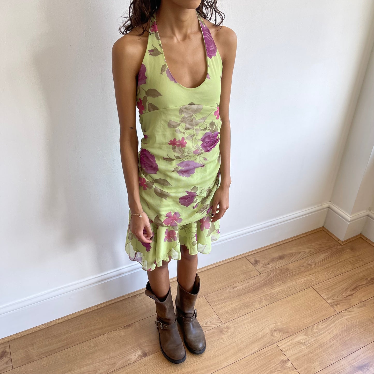Green floral mesh halter dress - Size S