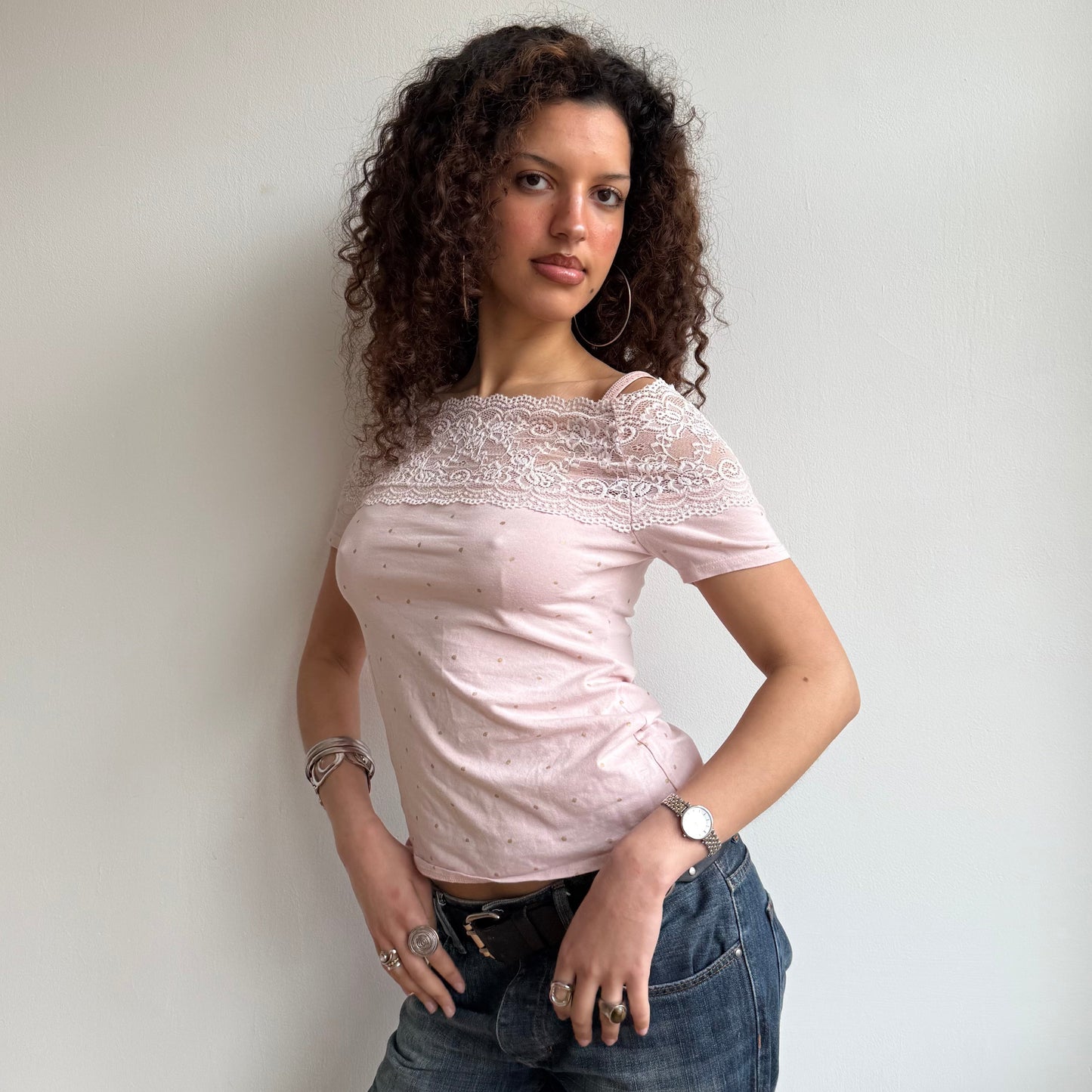 Pink lace Bardot top - Size M