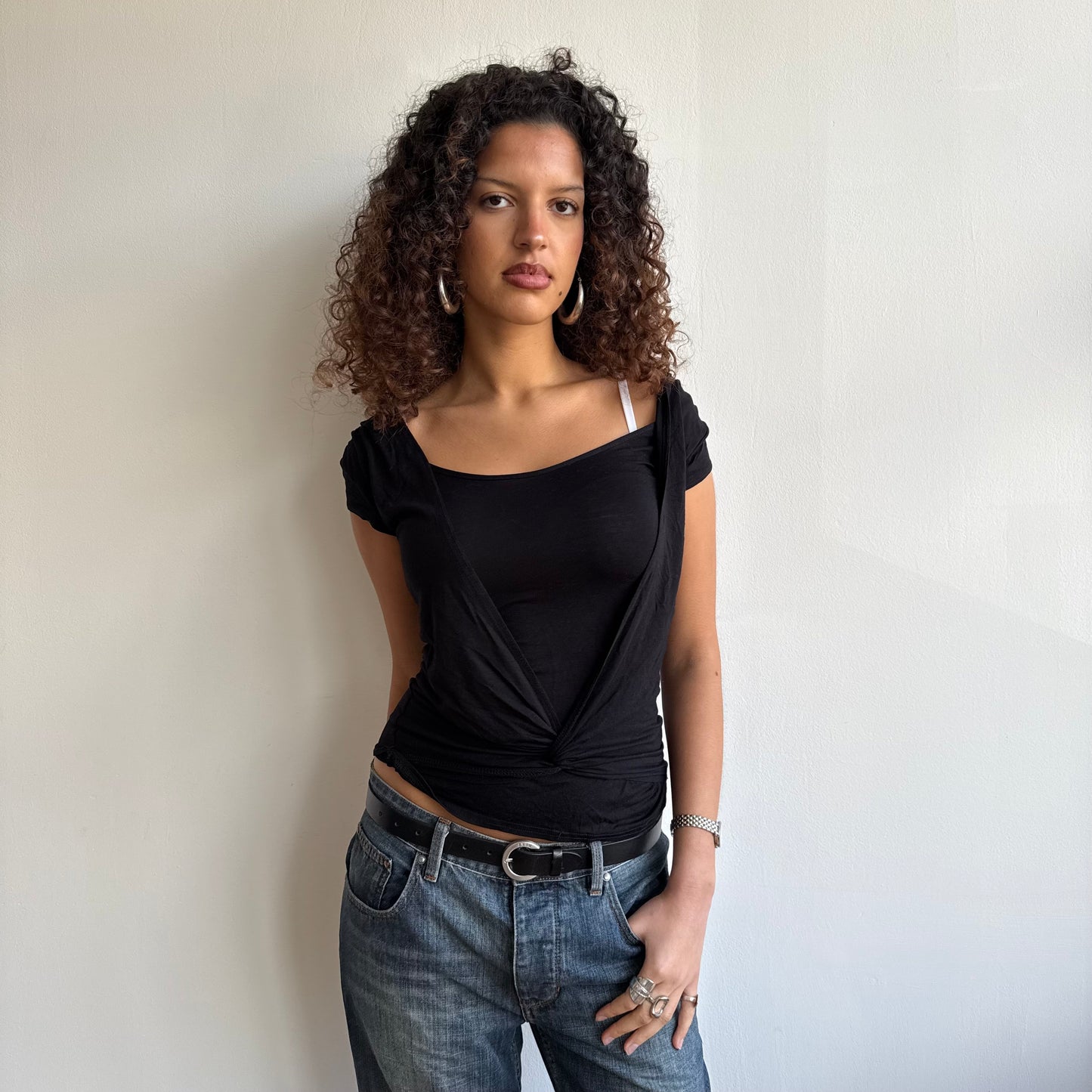 Black wrap twist cowl top - Size S