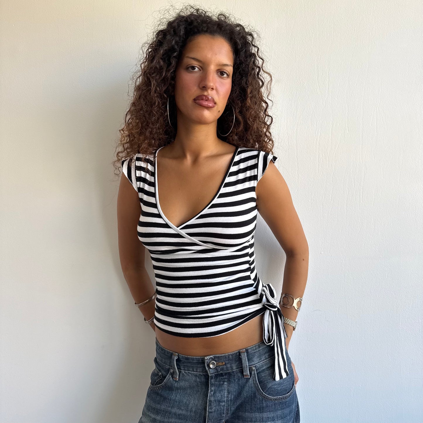 Black and white striped wrap top - Size XS/S