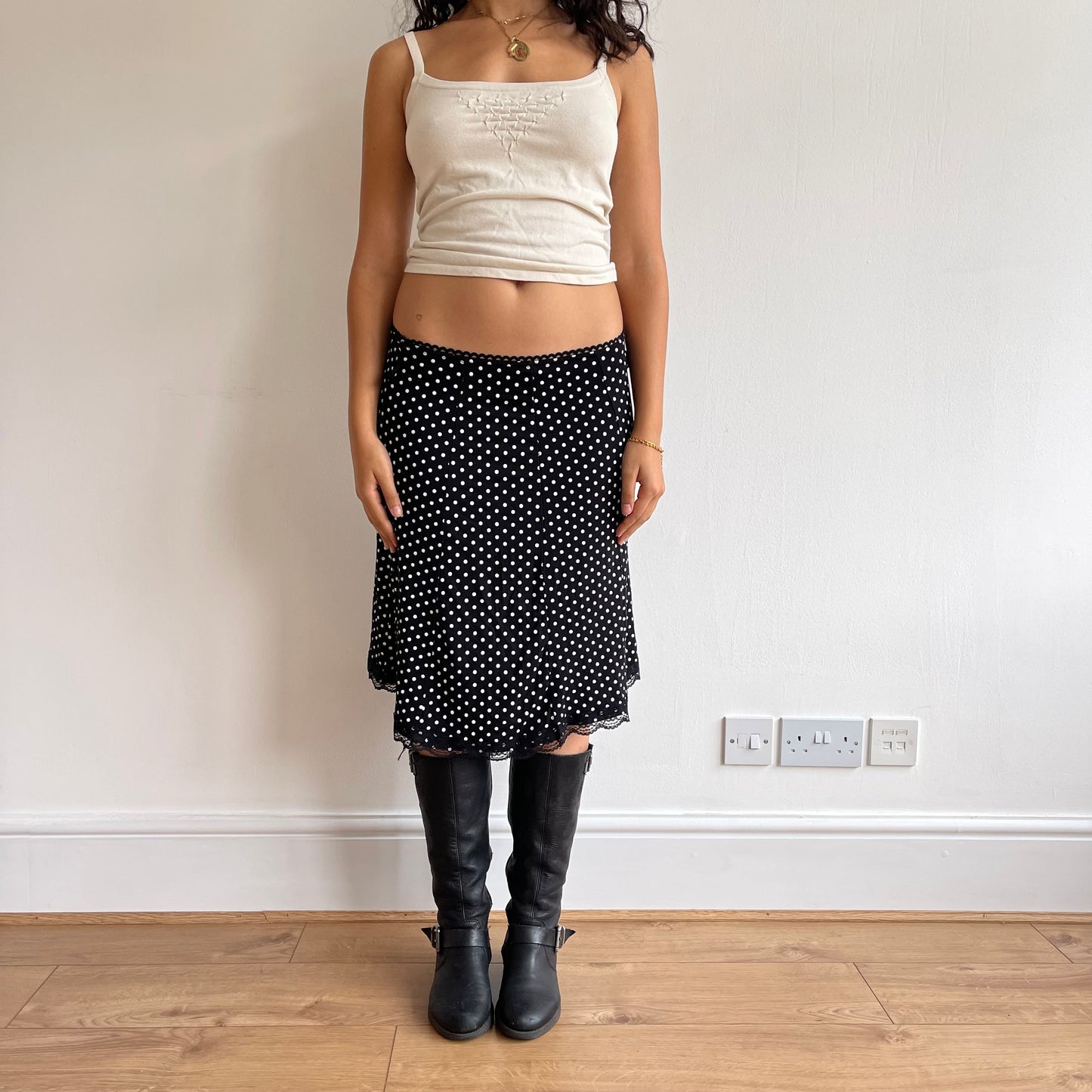 Black polka dot lace midi skirt - Size S