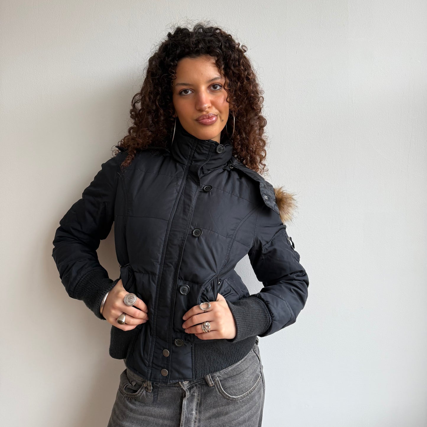 Black fur hood bomber - Size S