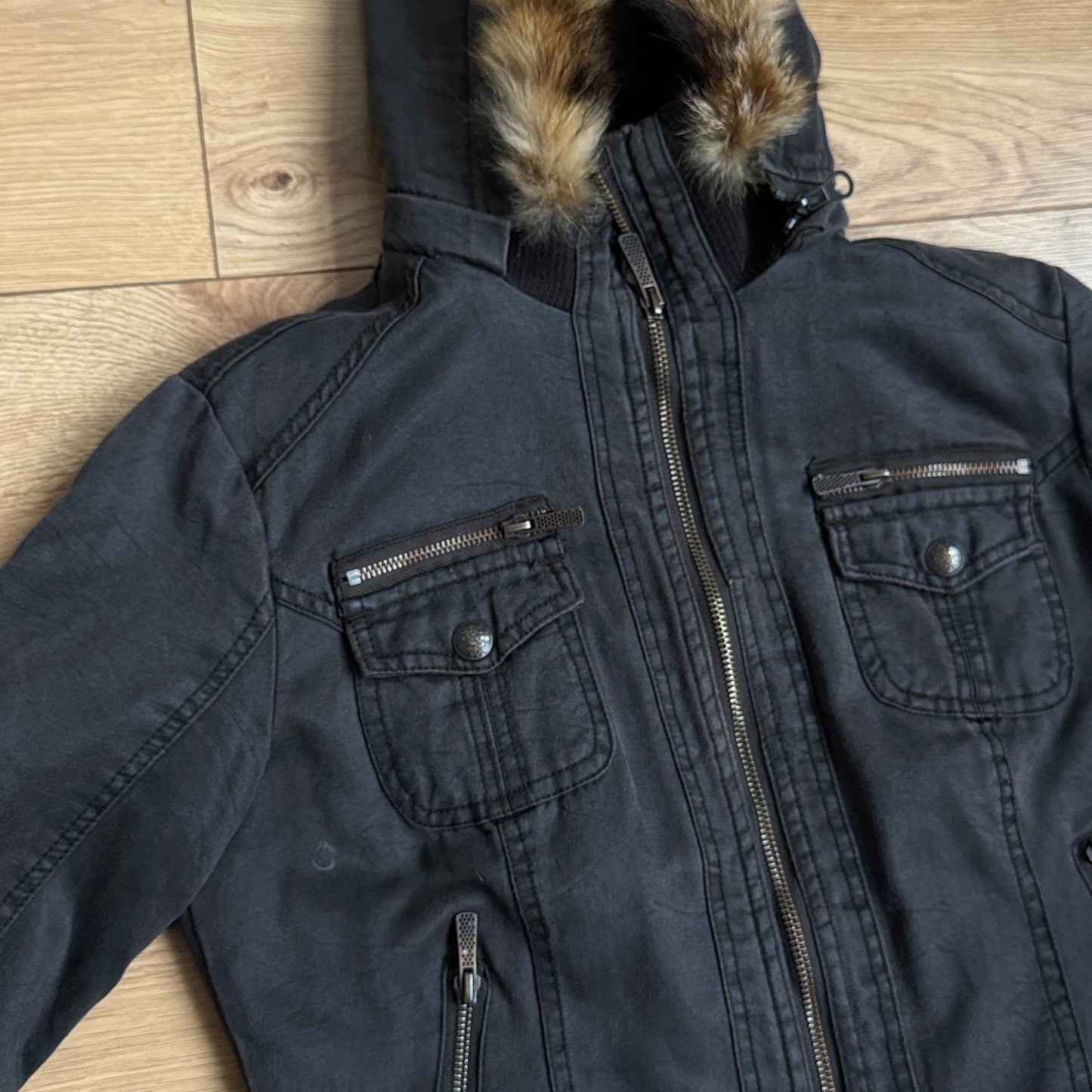 Brown fur hood cargo bomber - Size S