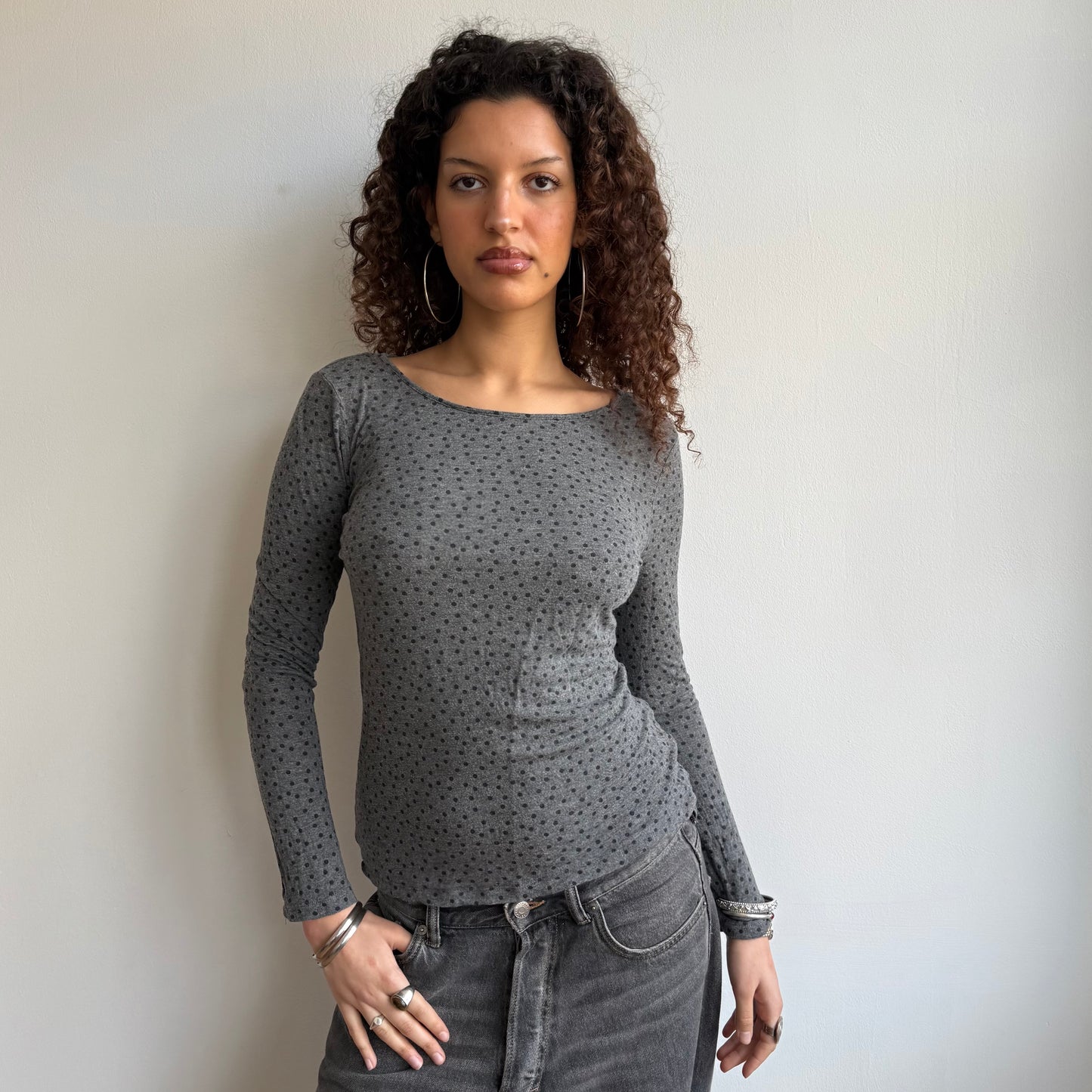 Grey polka dot long sleeve top - Size S