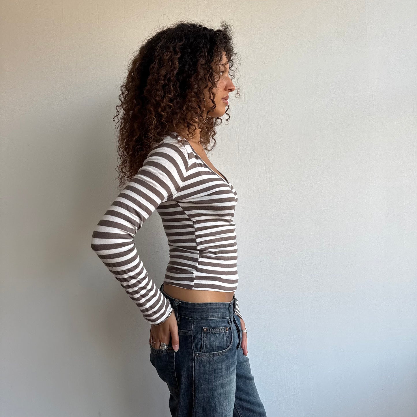 Brown and white striped wrap top - Size S/M