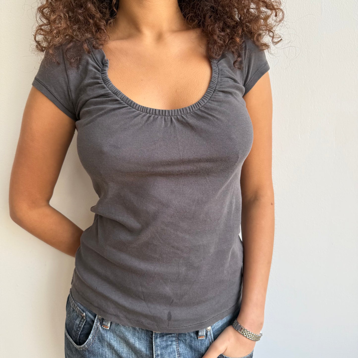 Charcoal ruched neck top - Size M