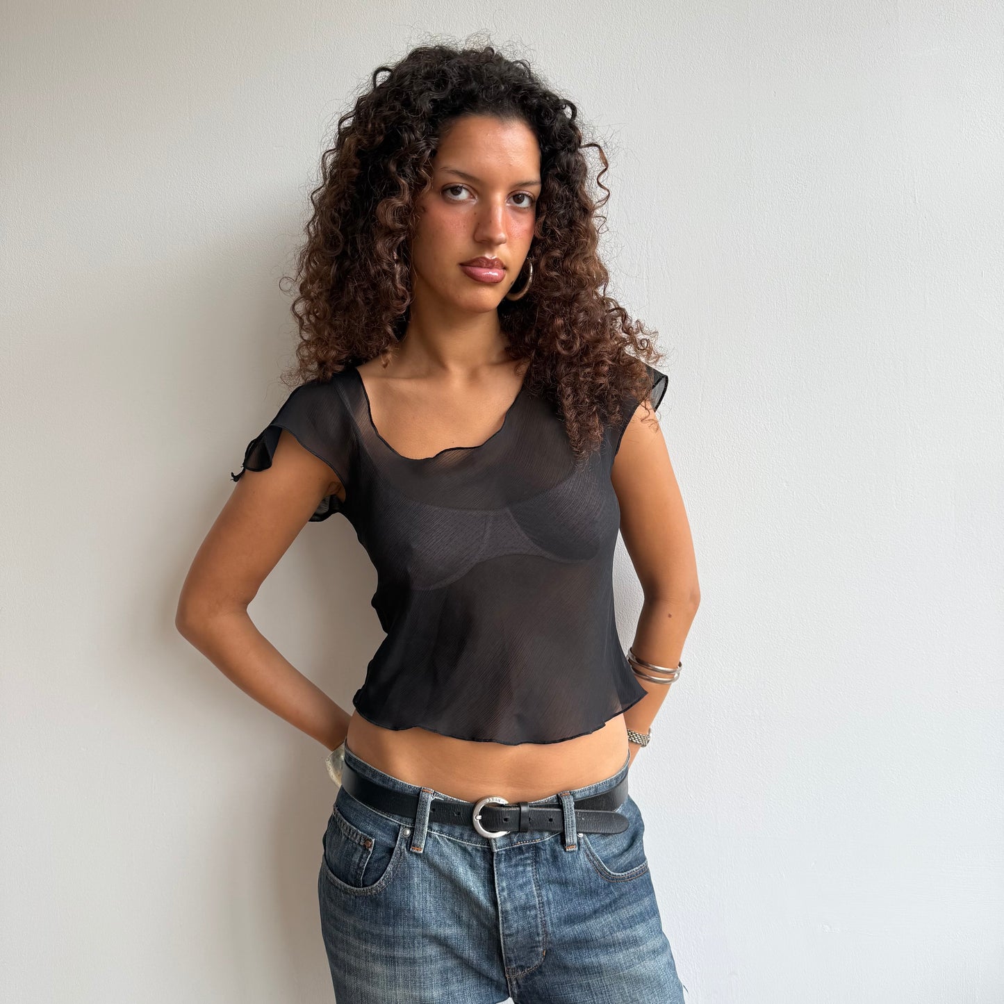 Black asymmetric chiffon top - Size S