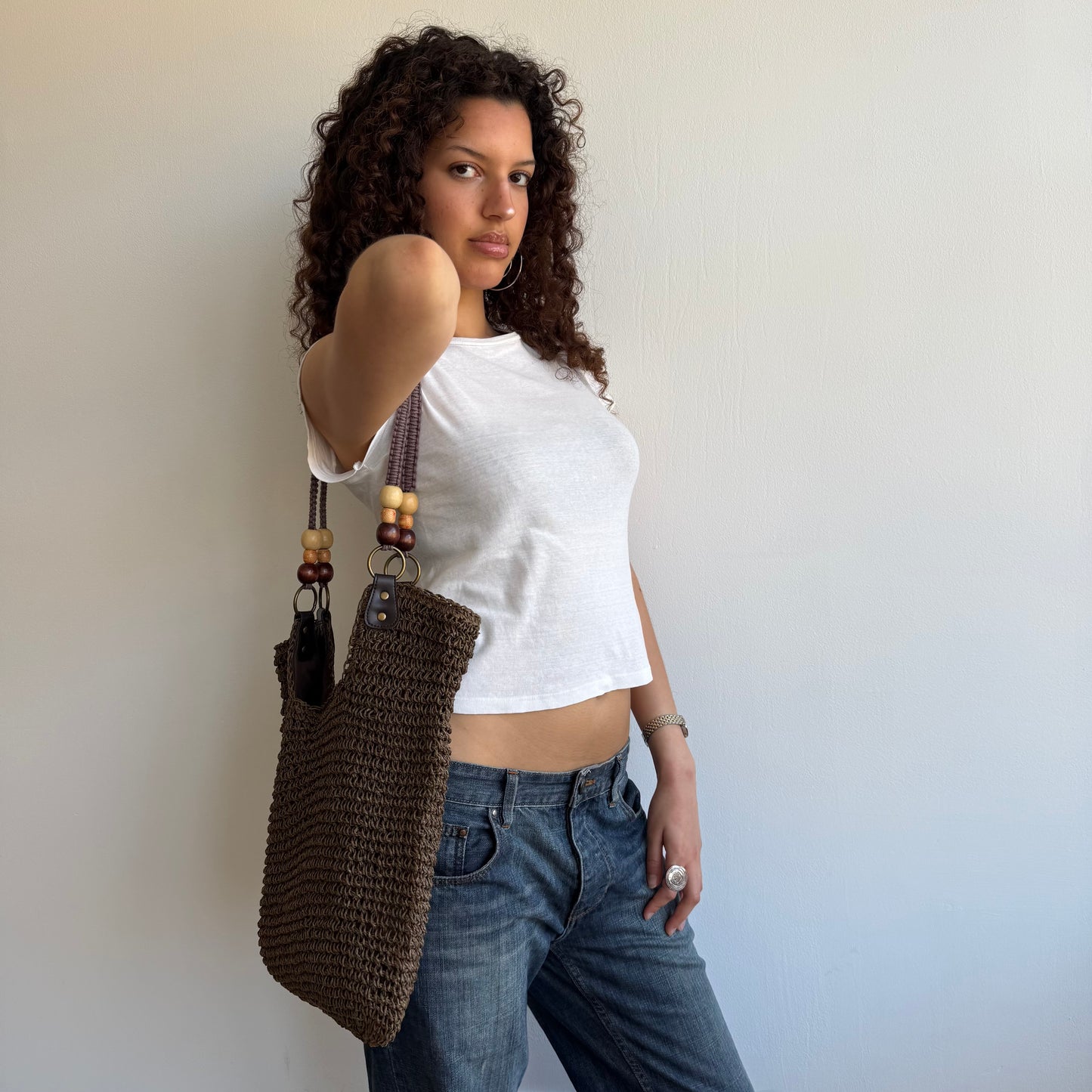 Khaki woven beaded bag