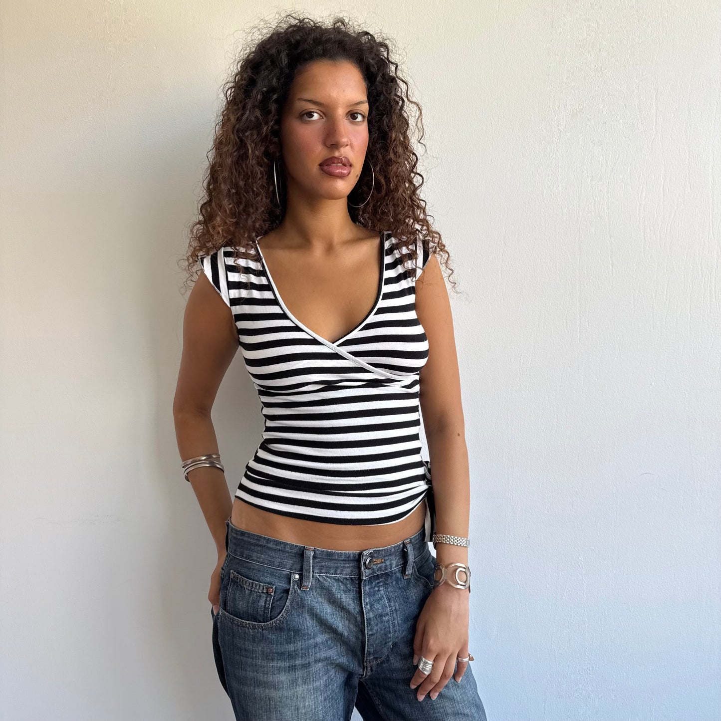 Black and white striped wrap top - Size XS/S