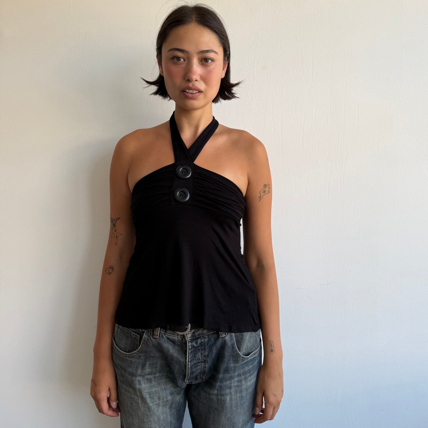 Black bandeau button halter top - Size S
