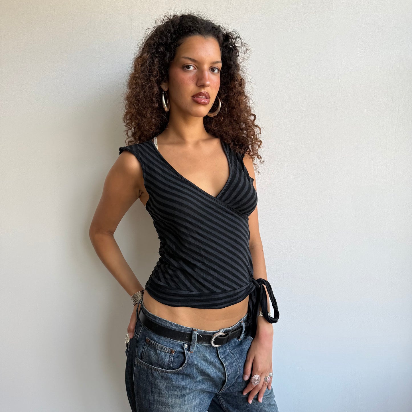 Black and grey striped wrap top - Size S