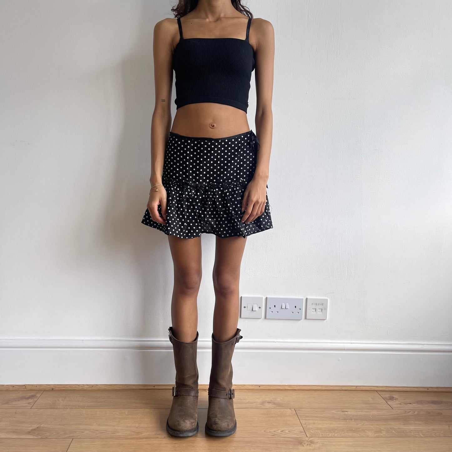 Black polka dot tie side mini skirt - Size XS