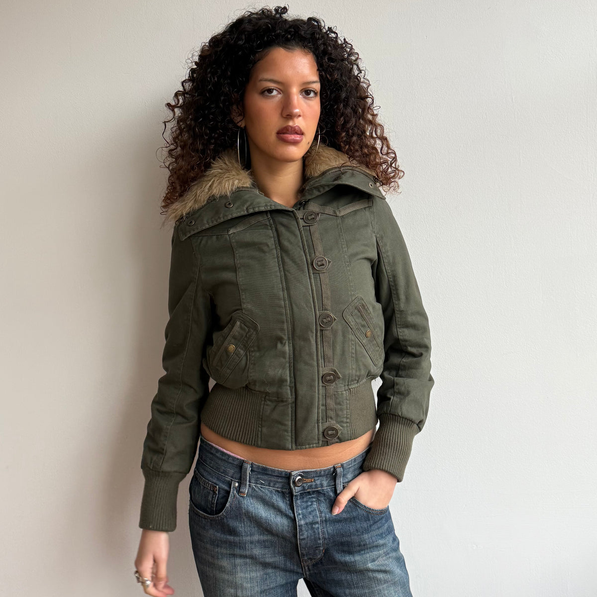 Khaki fur collar bomber - Size S
