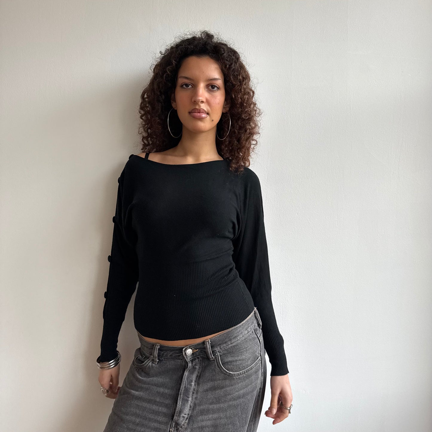 Black slouchy button jumper - Size S