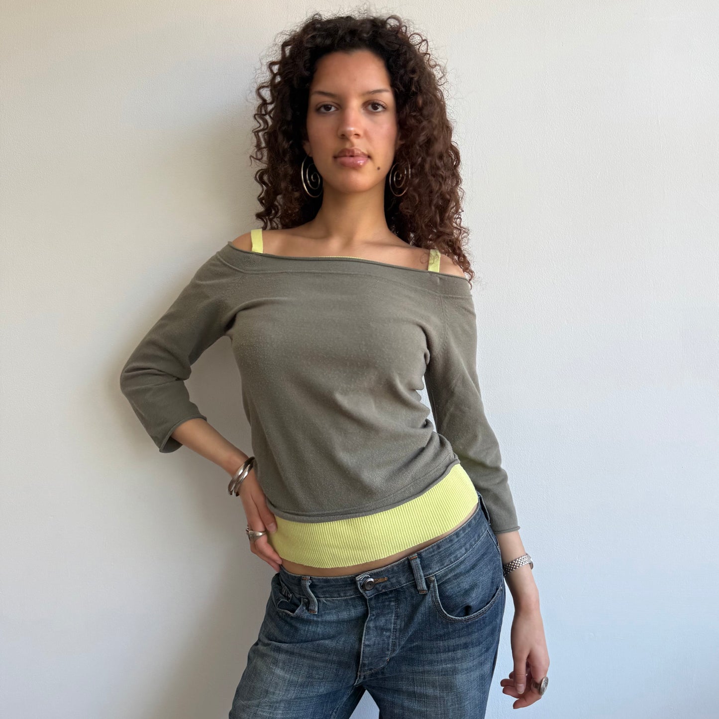 Yellow + brown double layer knit - Size S/M