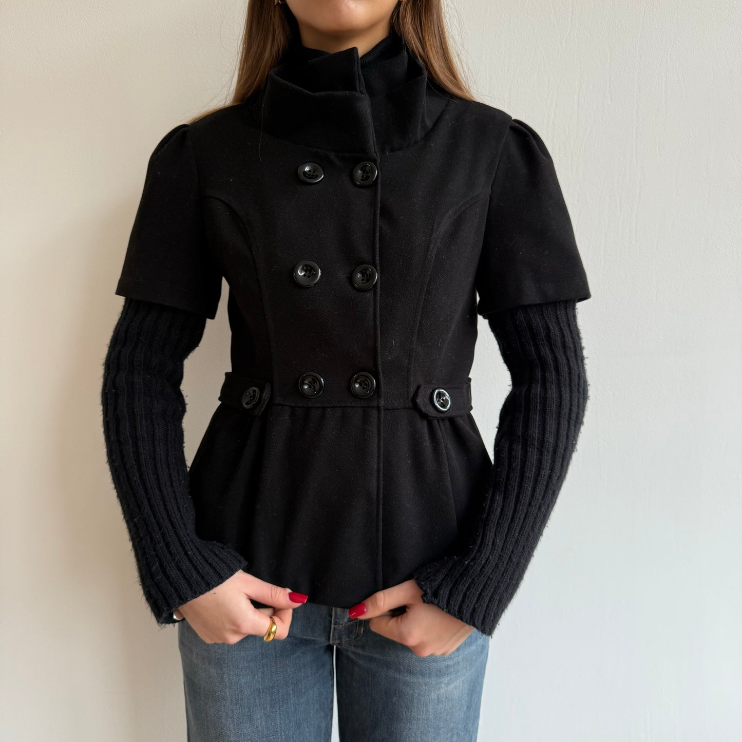 Black 2in1 knit sleeve peacoat - Size S