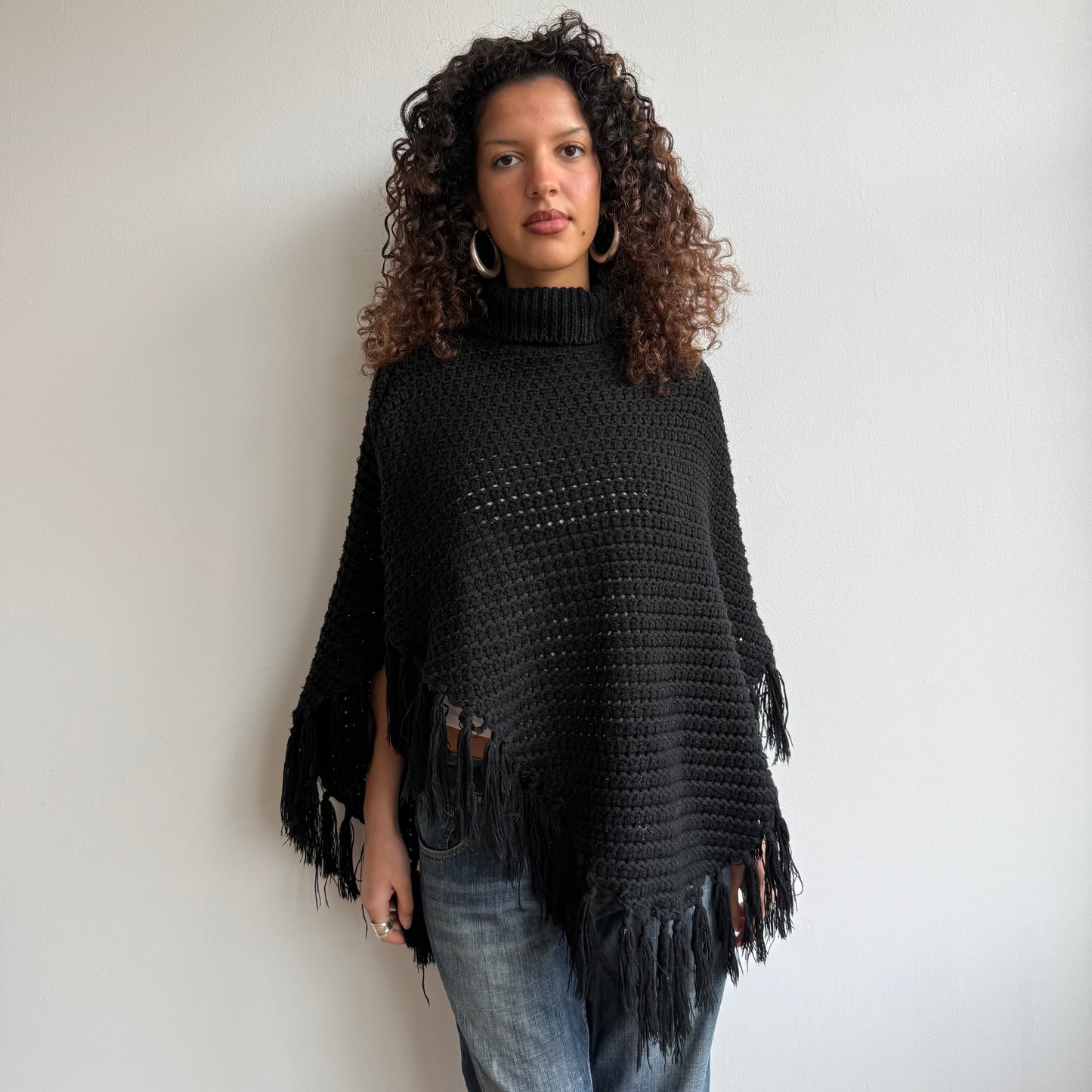 Black chunky knit poncho - One Size