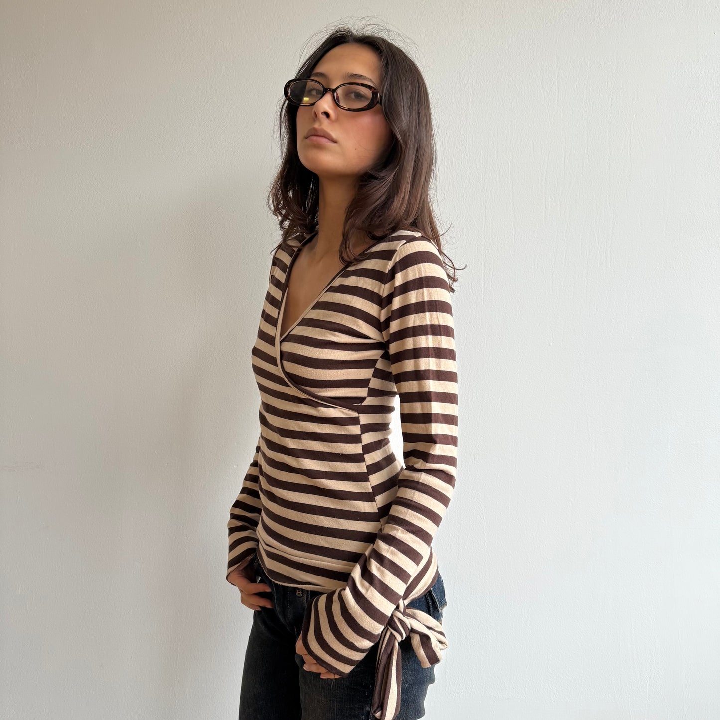 Beige striped wrap top - Size S