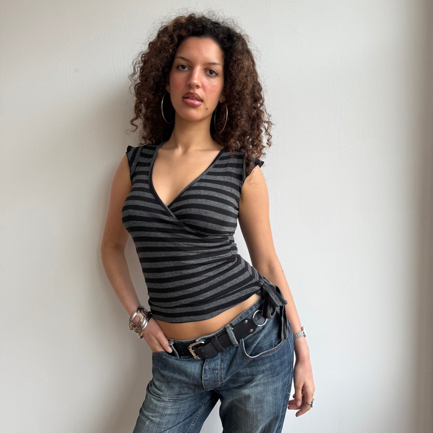Black + grey wide stripe wrap top - Size S