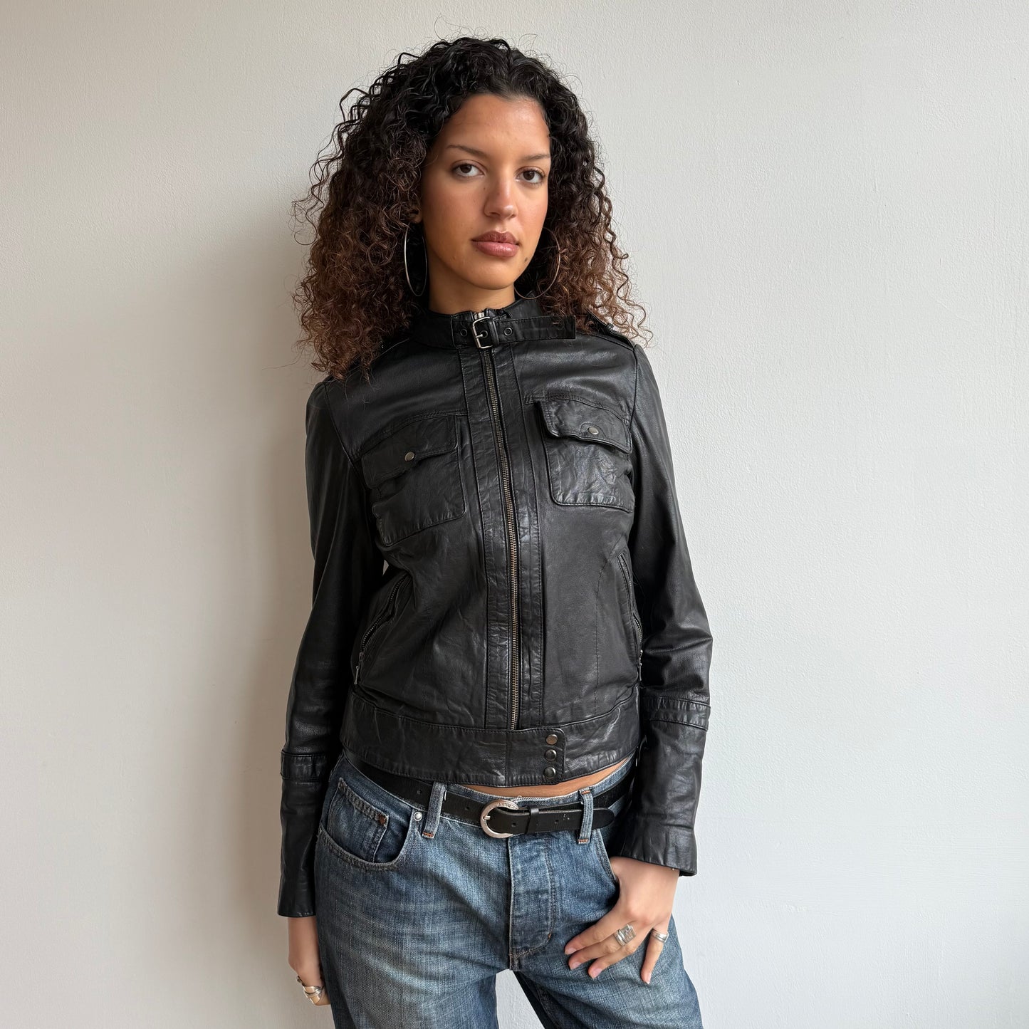 Black leather moto jacket - Size S