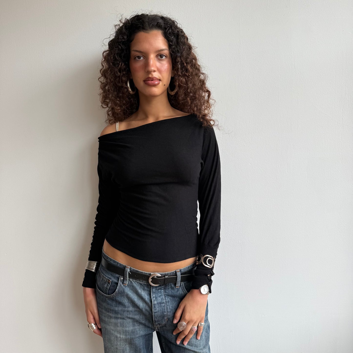 Black slouchy button jumper - Size S