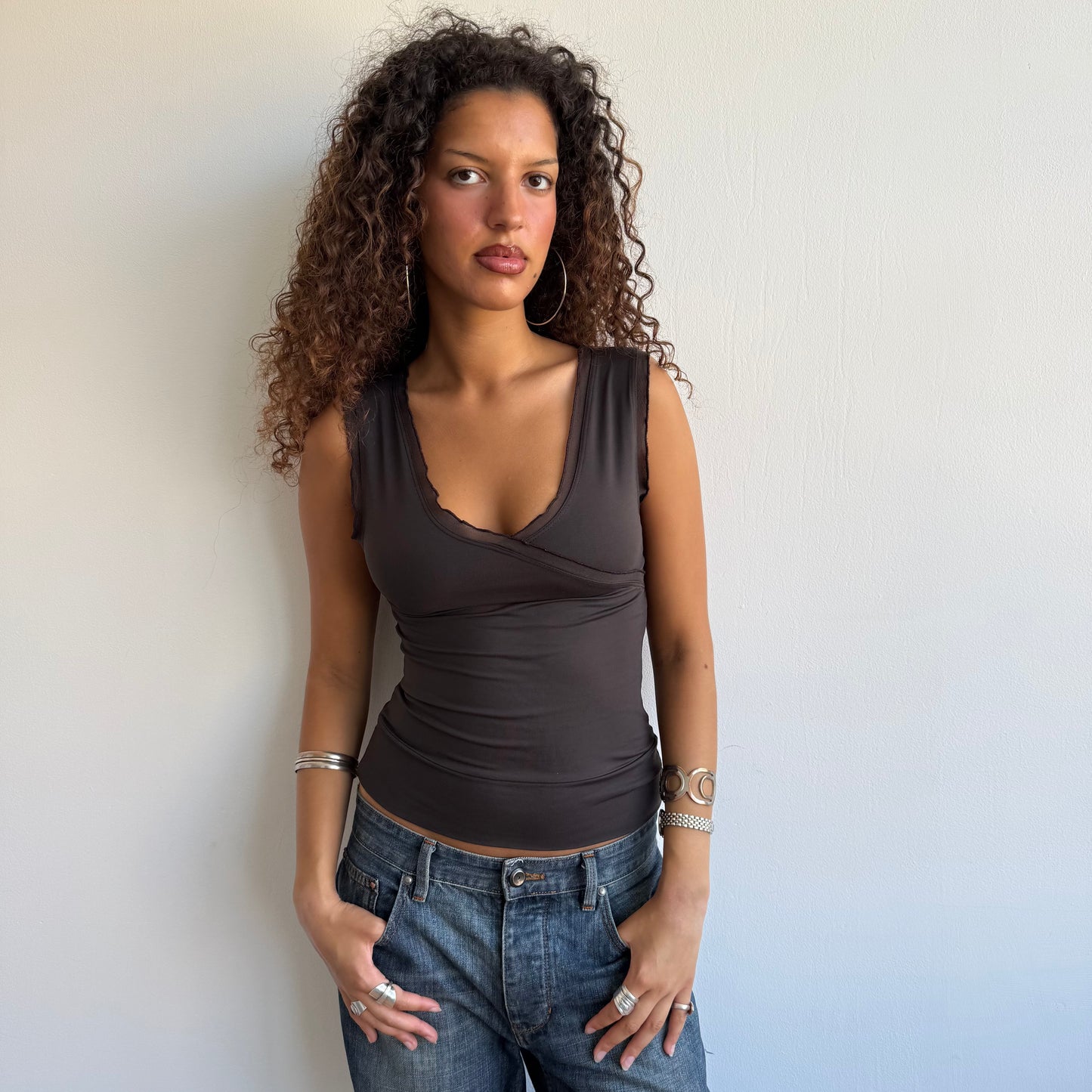 Brown wrap ruffle top - Size S