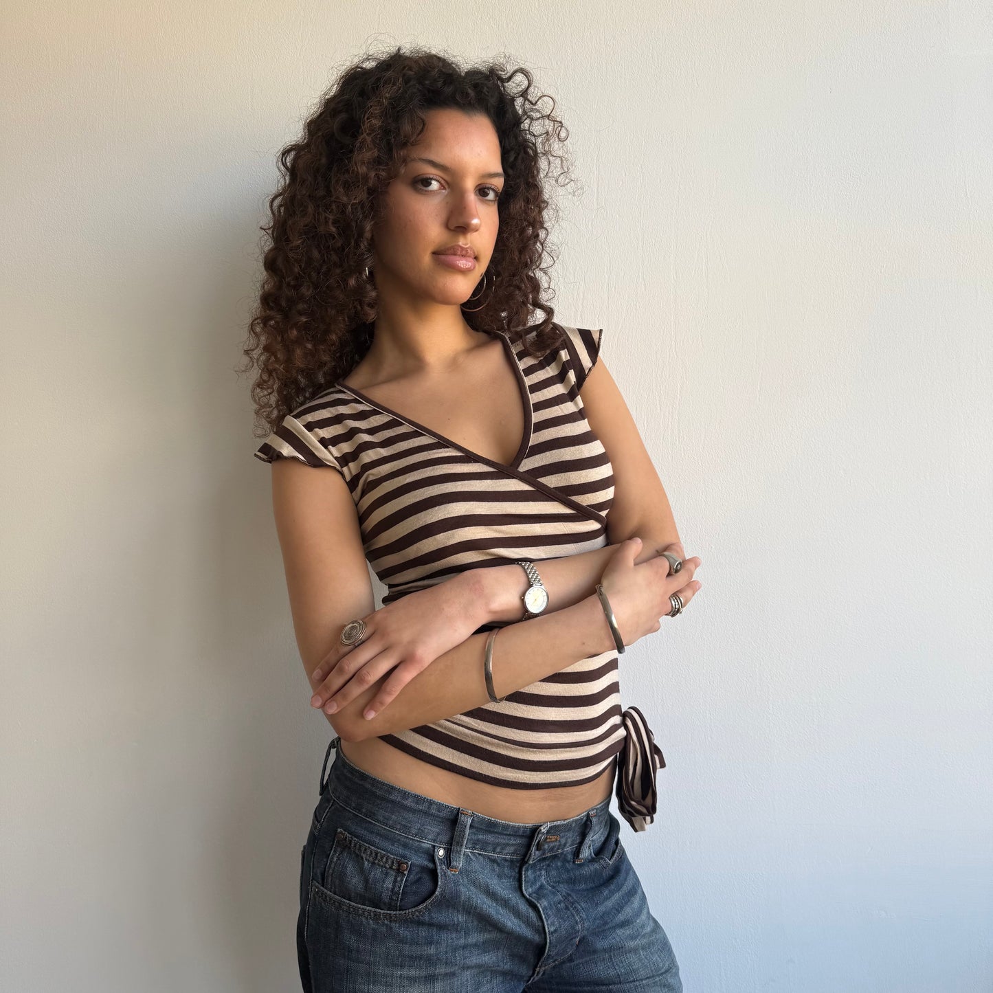 Beige + brown stripe top - Size S