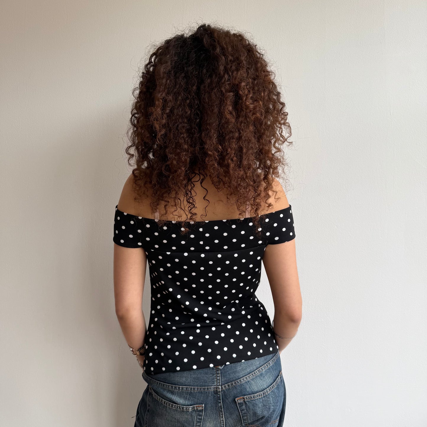 Black polka dot Bardot top - Size M