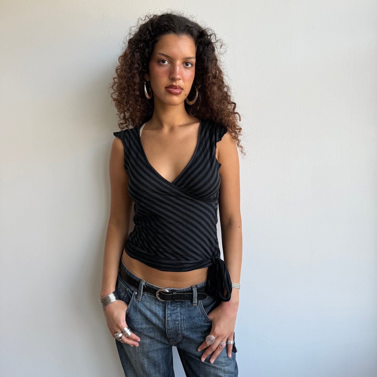 Black and grey striped wrap top - Size S