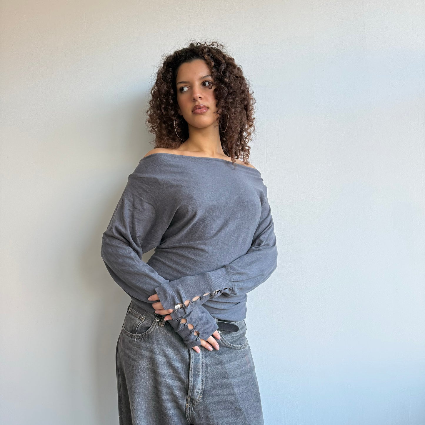 Grey slouchy button jumper - Size S