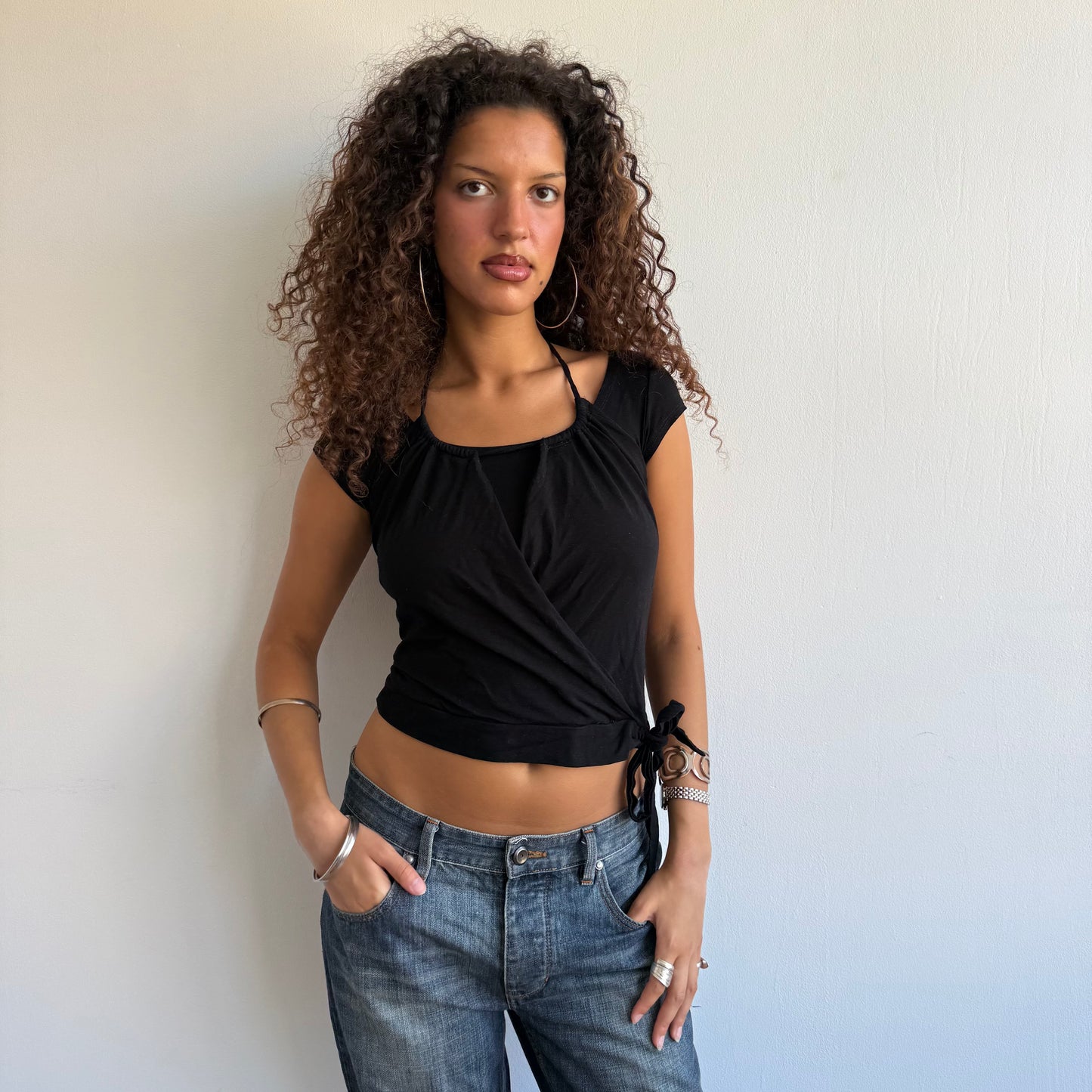 Black double layer wrap halter top - Size S