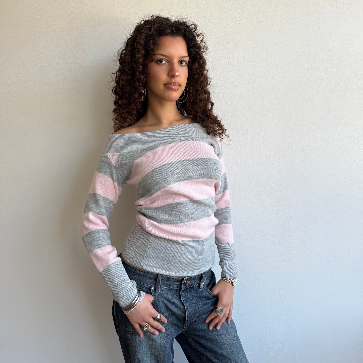 Pink + grey striped bardot knit - Size S/M