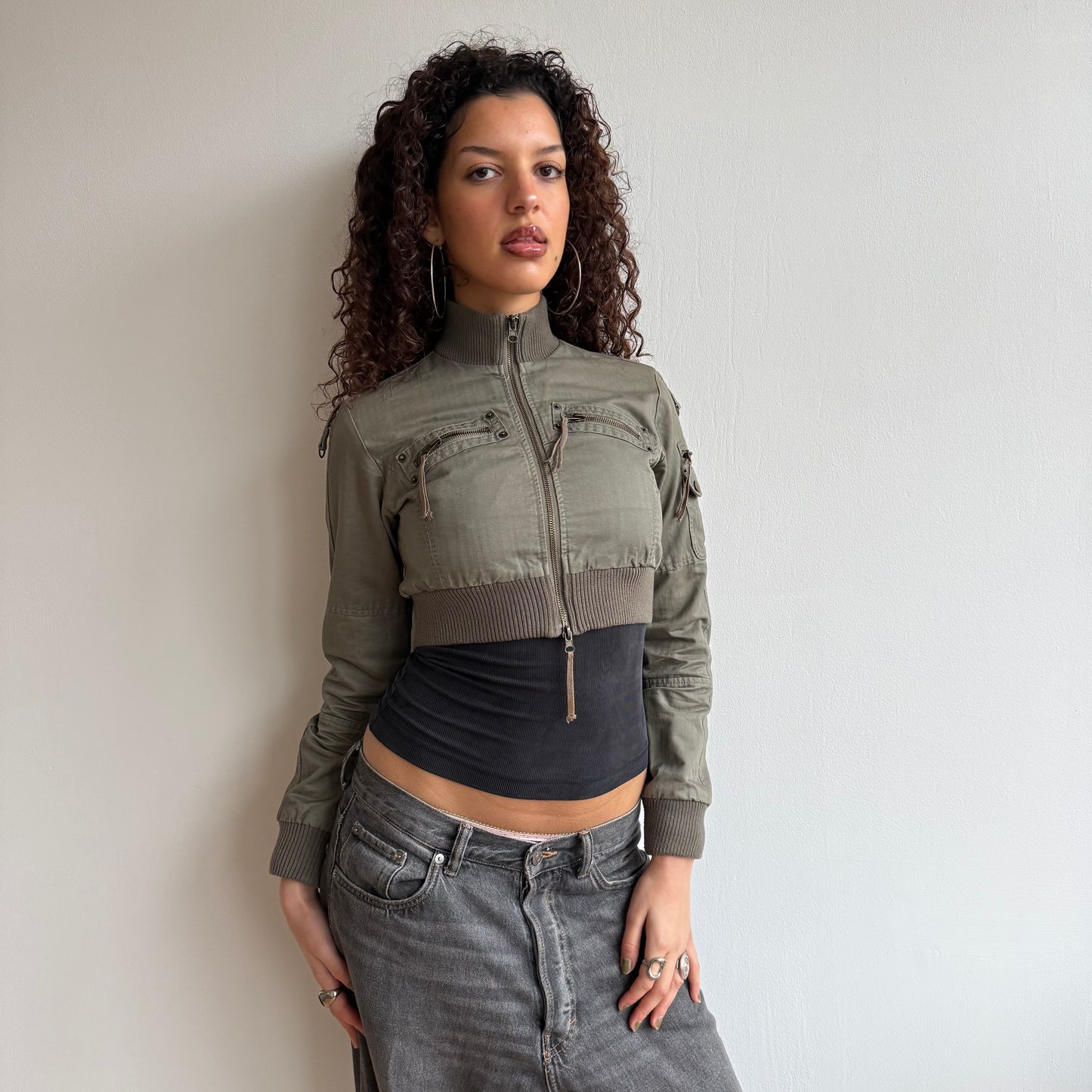 Khaki cargo crop jacket - Size S + M + L
