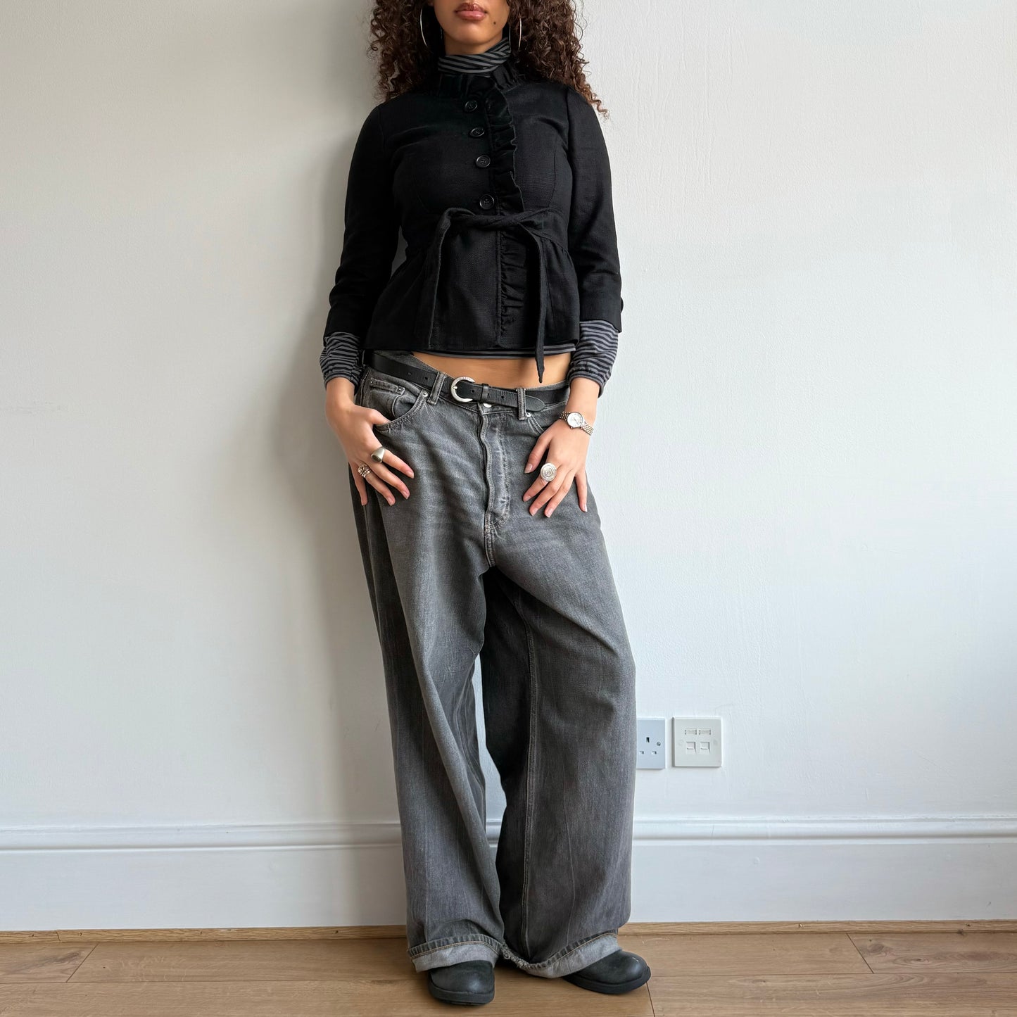 Black ruffle tie belt jacket - Size XS