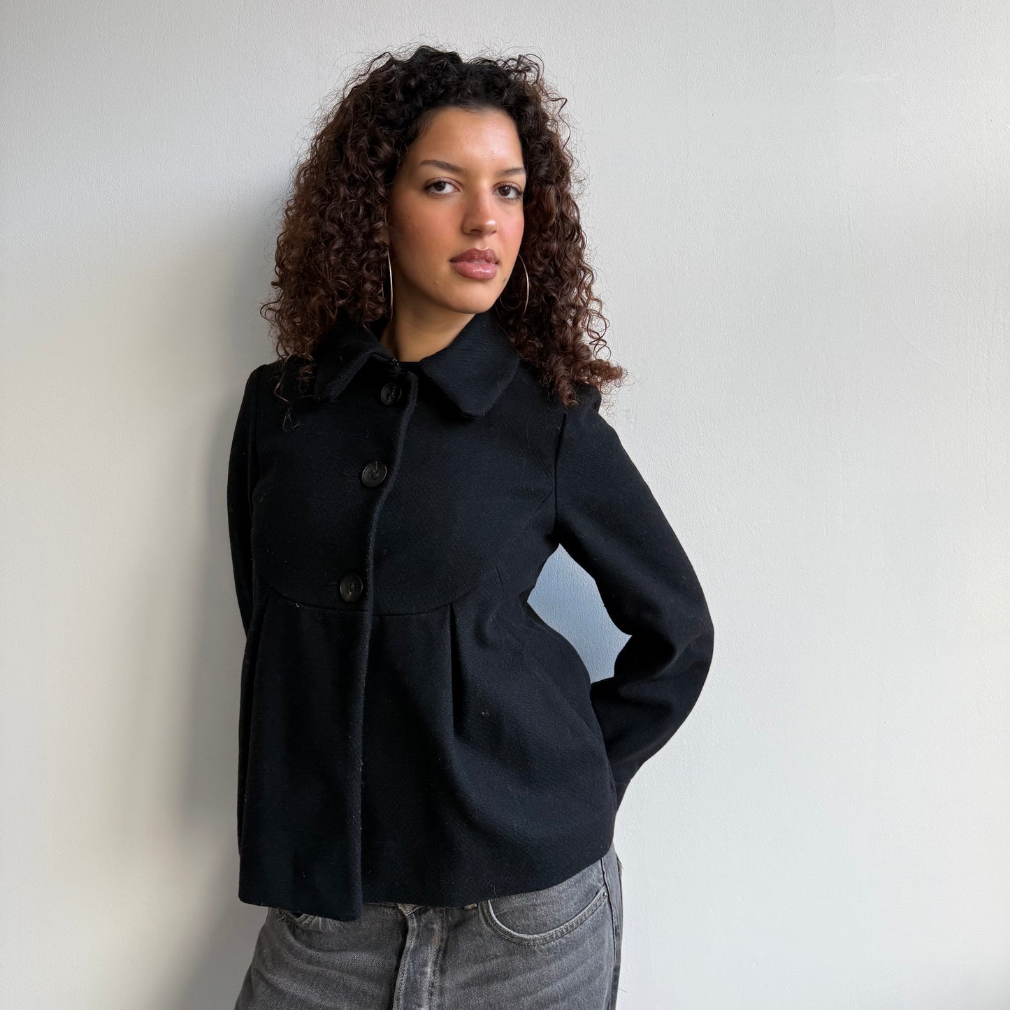 Black button wool swing coat - Size S
