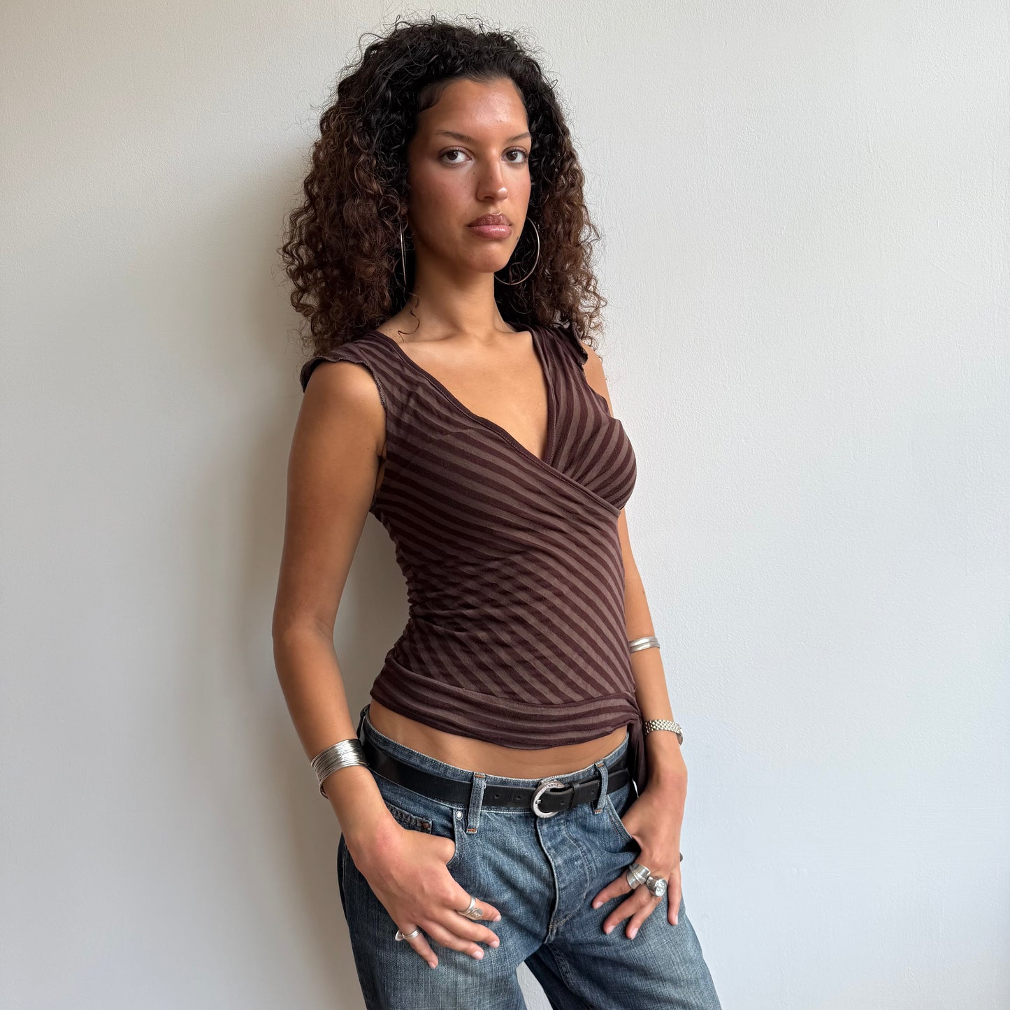 Brown wrap tie-side top - Size S/M