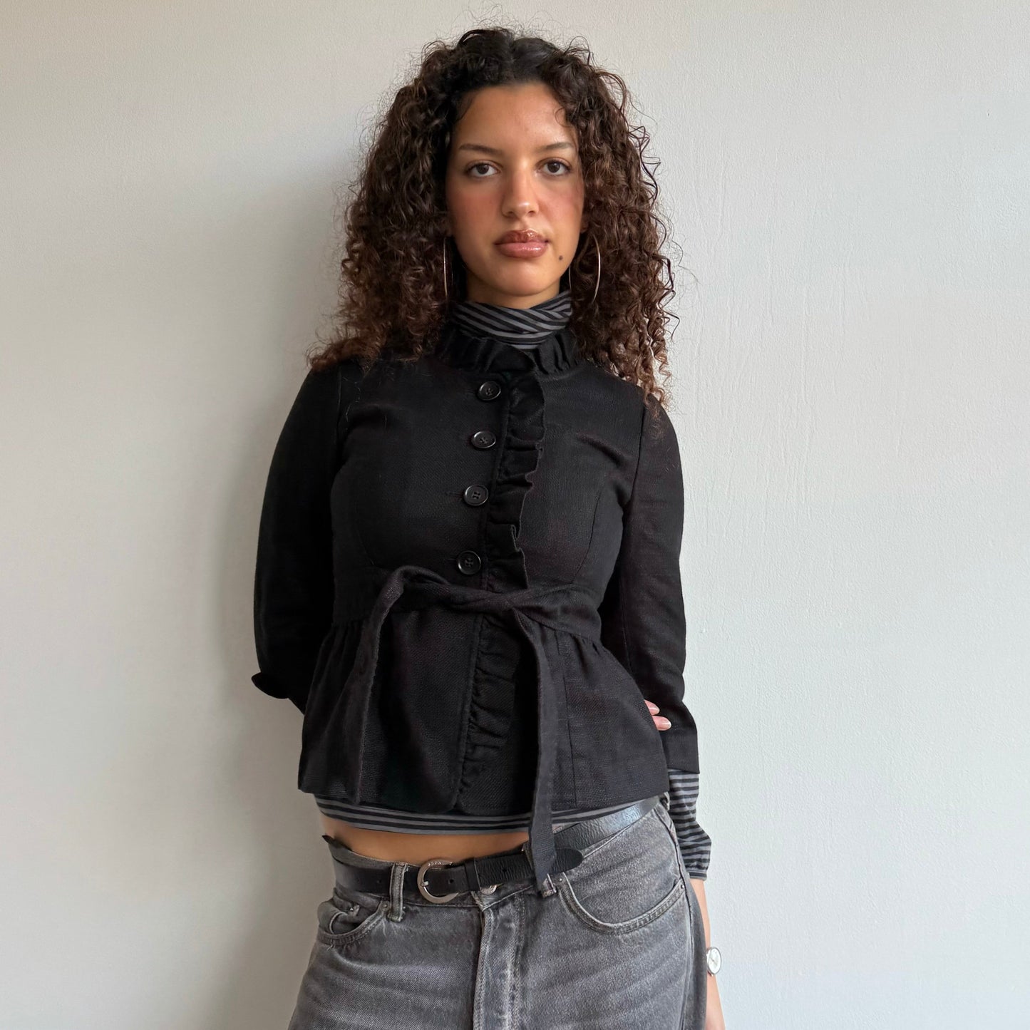 Black ruffle tie belt jacket - Size XS