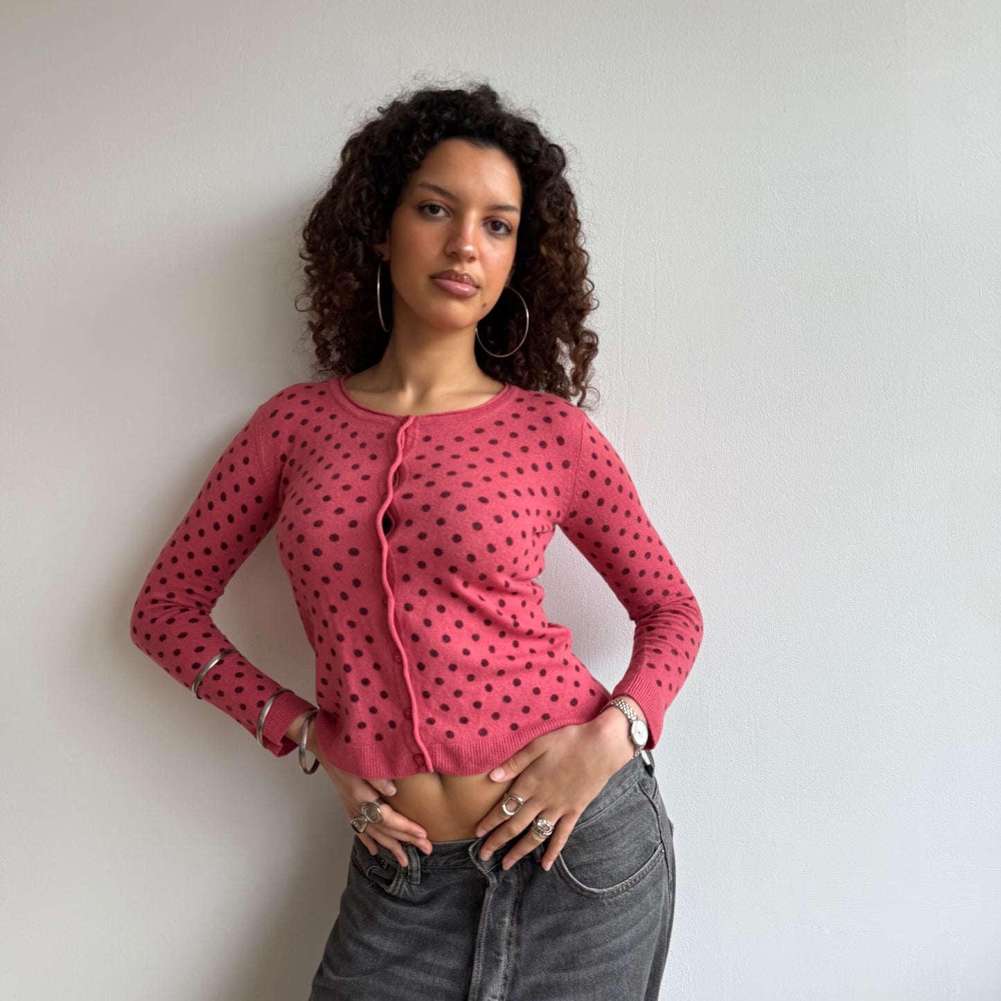 Fuschia polka dot cardi - Size S