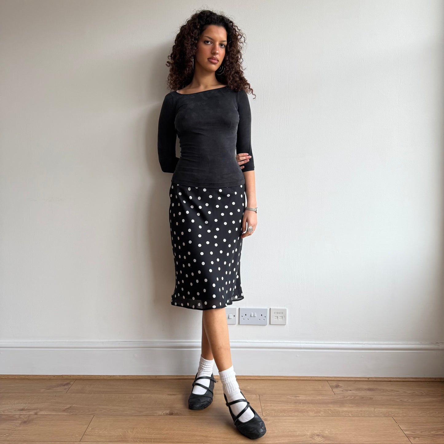 Black polka dot midi skirt - Size M