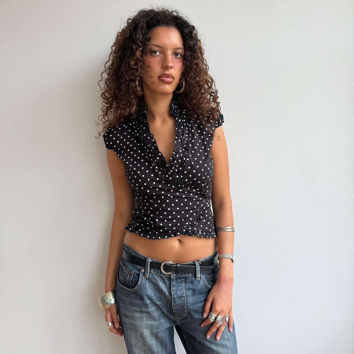 Black polka dot wrap top - Size S