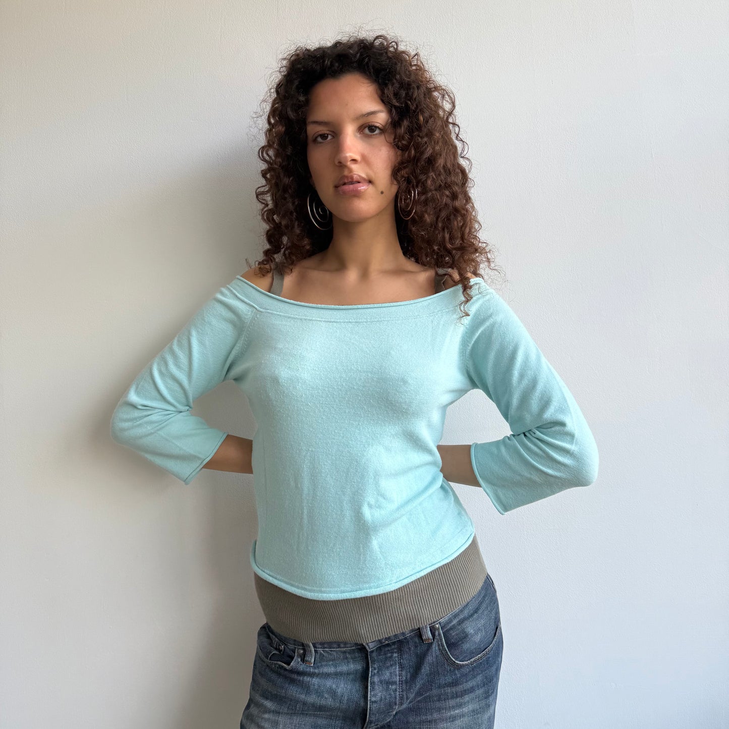 Blue + brown double layer knit - Size S/M